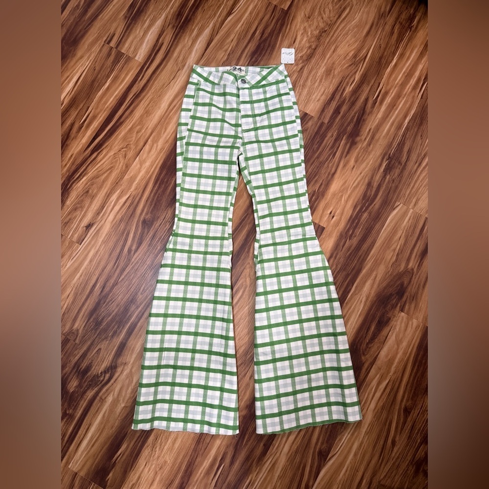 New Free People Just Float On Lime Checkered Green Super Flare Pants - Picture 5 of 8